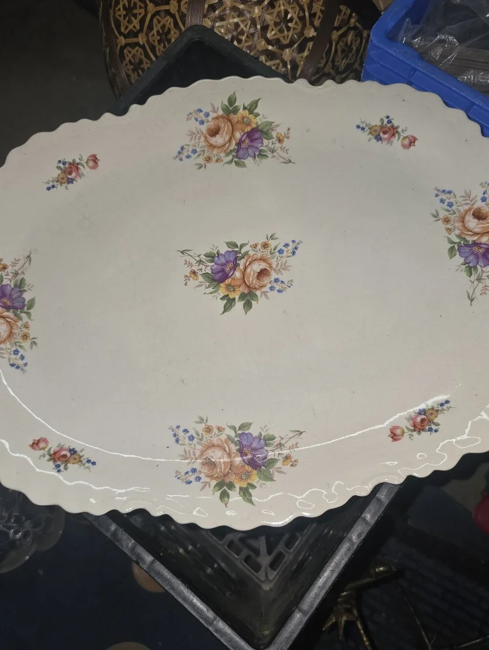 Rare 1940s Porcelain Compote 14 Inch Platter With Floral Details. Scalloped Edge